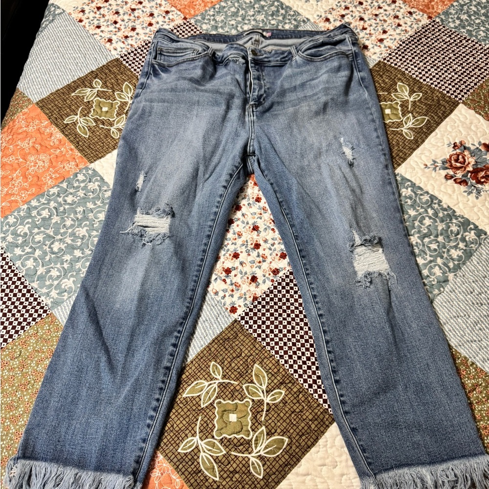 Frayed Hem Distressed Blue Flare Jeans